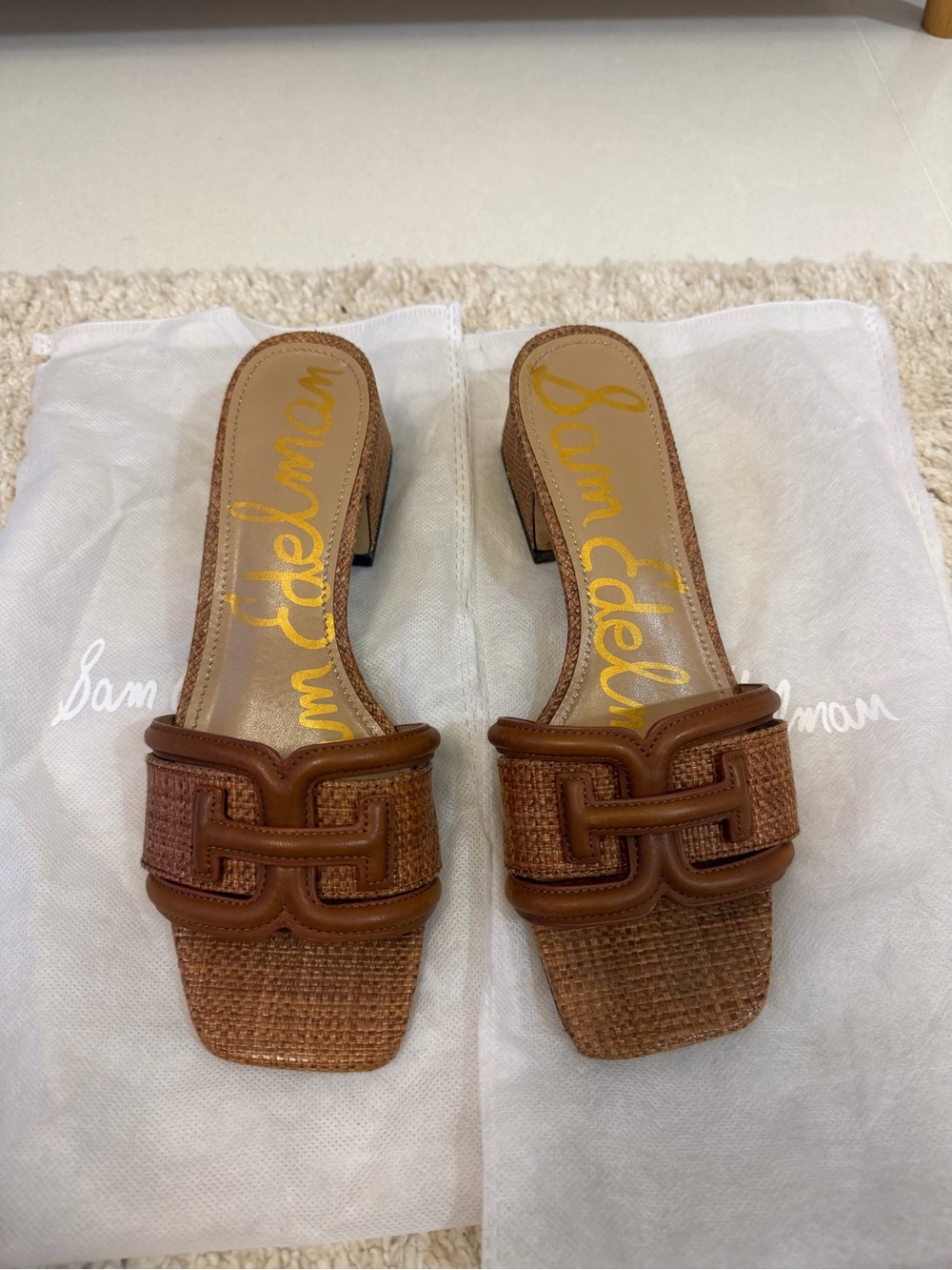 Sam Edelman Tan Brown Woven Leather-Trim Slide Mules